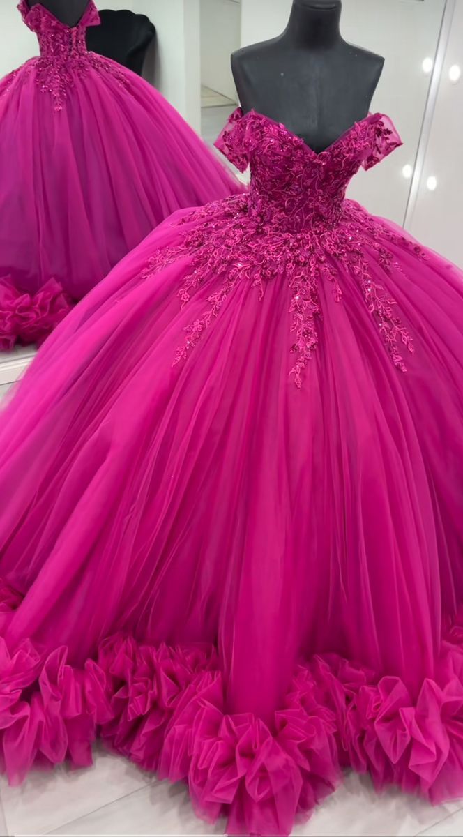Jolies robes de Quinceanera, robe de bal, épaules dénudées, en tulle rose vif, avec appliques, pour 20e anniversaire, robe de soirée formelle, RB768