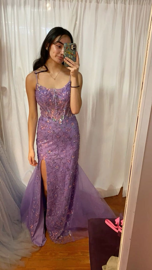 Cute Mermaid Spaghetti Straps Light Grape Tulle Prom Dresses Party Dress 21st Birthday Outfits Senior Graduation Dress RB771