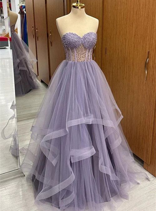 Charming Ball Gown Sweetheart Lilac Tulle Prom Dresses Party Dress 20th Birthday Outfits Graduation Dress RB775