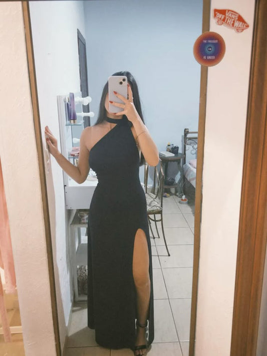 Robe de bal élégante style sirène, asymétrique, noire, fendue, esthétique, pour seniors, tenue d'anniversaire, de remise de diplôme, RB781