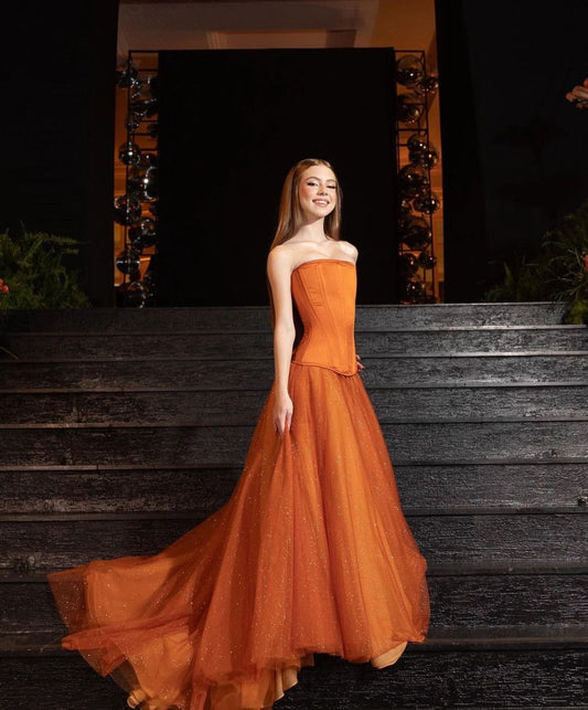 Charming Ball Gown Strapless Tulle Orange Prom Dresses Party Dress 20th Birthday Outfits Graduation Dress RB782