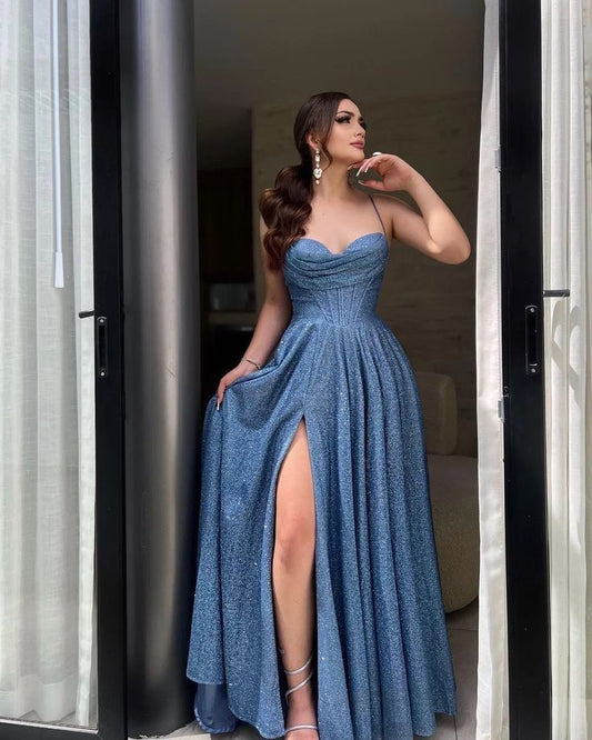 Robe de bal trapèze à paillettes bleues et fente, tenue de soirée pour 18e anniversaire, robe de remise de diplôme, RB785