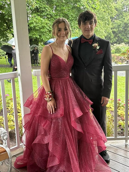 Elegant Ball Gown Spaghetti Straps Burgundy Layers Tulle Long Prom Dresses Inspiration Trending Evening Gowns Formal Dress RB787