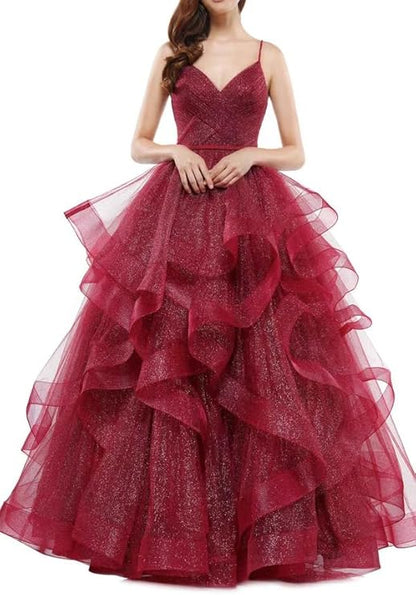 Elegant Ball Gown Spaghetti Straps Burgundy Layers Tulle Long Prom Dresses Inspiration Trending Evening Gowns Formal Dress RB787
