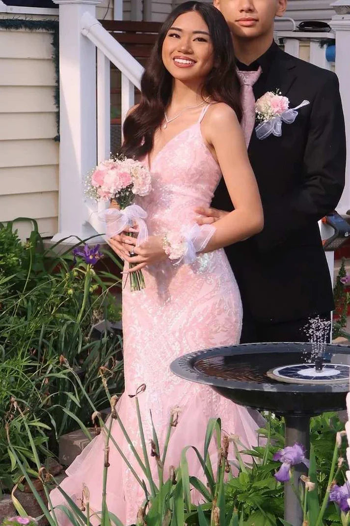 Sexy Meerjungfrau Spaghettiträger Blush Pink Spitze Ballkleider Partykleid 21. Geburtstag Outfits Abschlusskleid RB789
