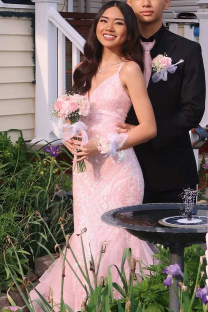 Sexy Meerjungfrau Spaghettiträger Blush Pink Spitze Ballkleider Partykleid 21. Geburtstag Outfits Abschlusskleid RB789