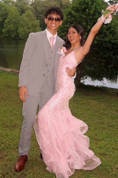 Sexy Meerjungfrau Spaghettiträger Blush Pink Spitze Ballkleider Partykleid 21. Geburtstag Outfits Abschlusskleid RB789