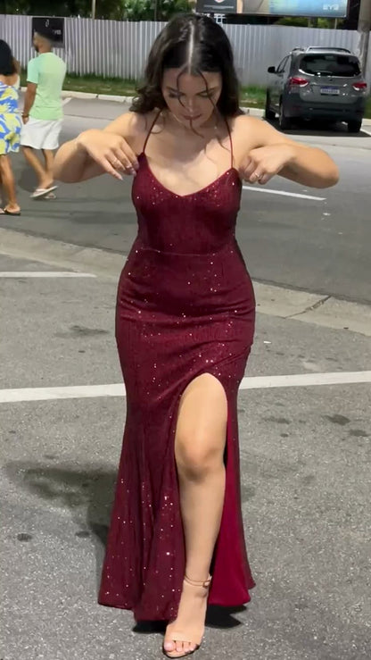 Stunning Mermaid Halter Burgundy Sequin Slit Prom Dresses Party Dress 18th Birthday Outfits Graduation Dress RB799