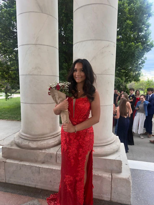 Robe de bal longue en dentelle rouge, style sirène, bretelles spaghetti, sans manches, fendue, tenue de soirée pour 21e anniversaire, robe de remise de diplôme, RB711