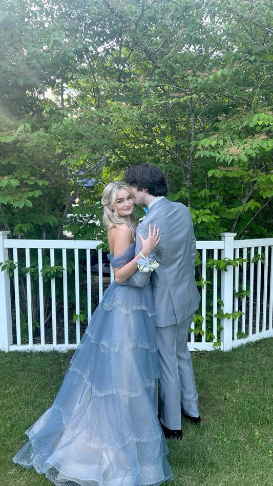 Cute Ball Gown Off The Shoulder Dusty Blue Tulle Prom Dresses Party Dress 20th Birthday Outfits Graduation Dress RB803