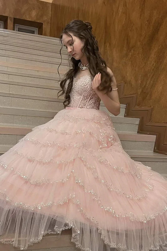 Cute Ball Gown Blush Pink Tulle Lace Prom Dresses Party Dress 20th Birthday Outfits Graduation Dress RB807