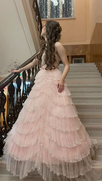 Robe de bal mignonne en tulle rose blush et dentelle, tenue de soirée pour 20e anniversaire, robe de remise de diplôme RB807