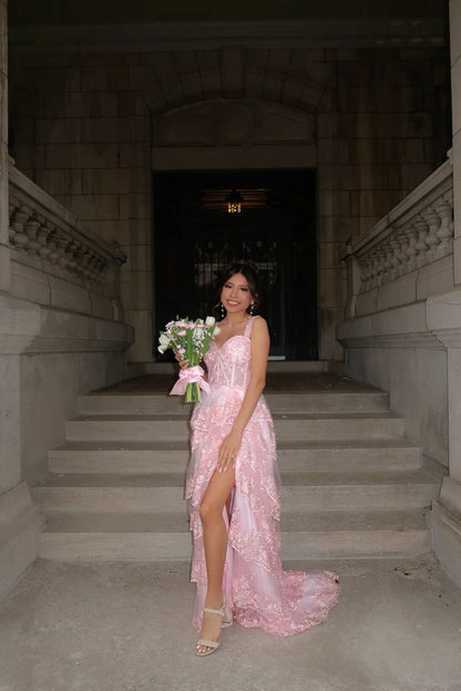 Beautiful Ball Gown Sweetheart Pink Lace Slit Prom Dresses Inspiration Prom Dress Princess Senior Graduation Dress RB809