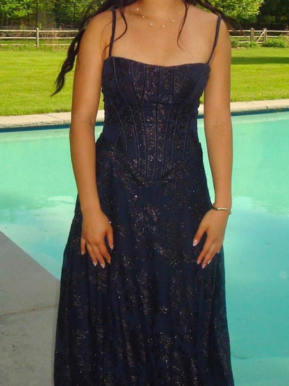 Classy A Line Spaghetti Straps Navy Blue Lace Prom Dresses Party Dress 20th Birthday Outfits Graduation Dress RB812