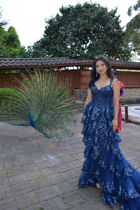 Unique Ball Gown Sweetheart Navy Blue Lace Slit Prom Dresses Inspiration Prom Dress Princess Senior Graduation Dress RB814