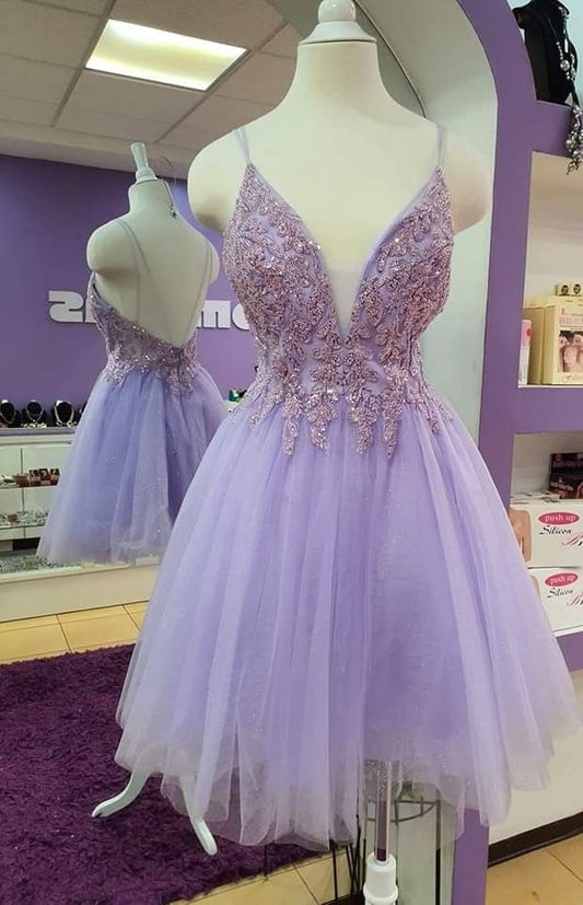 Trendy A line Spaghetti Straps Lilac Tulle Short 16th Birthday Dress Homecoming Dresses Cocktail Gown RB818