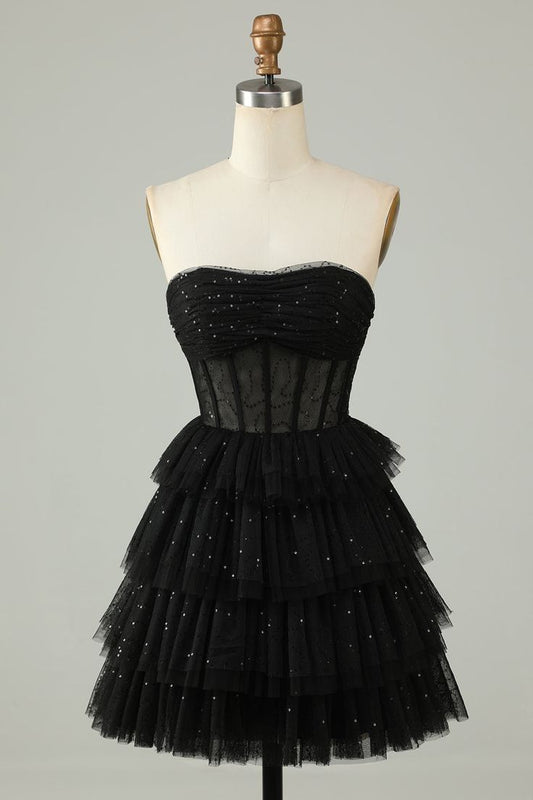 Cute A Line Strapless Black Short Tulle 18th Birthday Dress Freshman Homecoming Dresses Cocktail Gown RB822