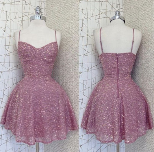 Trendy A Line Spaghetti Straps Pink Sequins Short 16th Birthday Dress Homecoming Dresses Cocktail Gown RB829