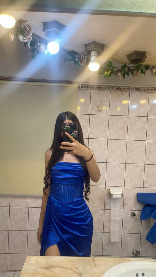 Robe fourreau élégante sans bretelles en satin bleu roi fendue, tenue de soirée pour 21e anniversaire, robe de remise de diplôme, RB831