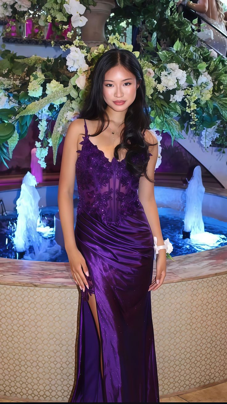 Modest Mermaid Spaghetti Straps Grape Satin Lace Prom Dresses Inspiration Slit Prom Dress Graduation Dress RB1140
