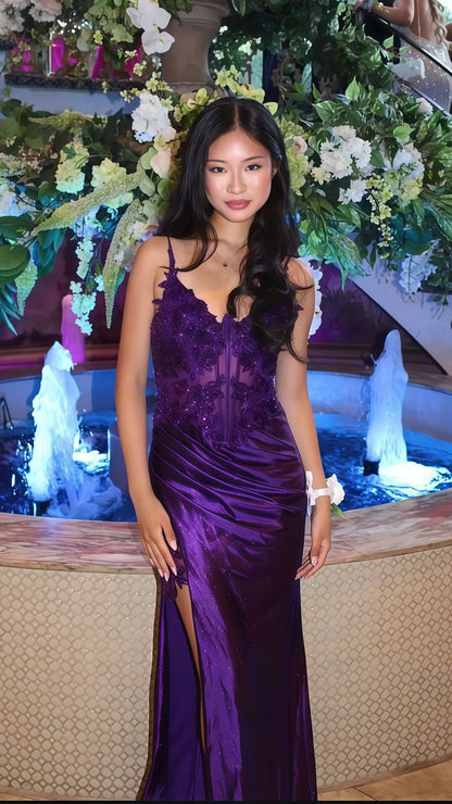 Modest Mermaid Spaghetti Straps Grape Satin Lace Prom Dresses Inspiration Slit Prom Dress Graduation Dress RB1140