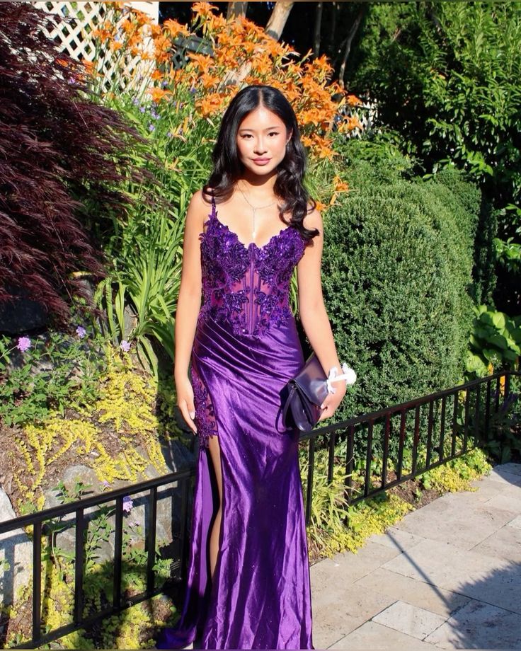 Modest Mermaid Spaghetti Straps Grape Satin Lace Prom Dresses Inspiration Slit Prom Dress Graduation Dress RB1140