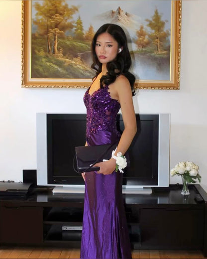 Modest Mermaid Spaghetti Straps Grape Satin Lace Prom Dresses Inspiration Slit Prom Dress Graduation Dress RB1140