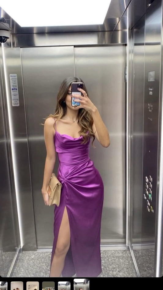 Robe de bal sirène modeste à bretelles spaghetti en satin raisin clair, robe de bal fendue, robe de remise de diplôme princesse RB843