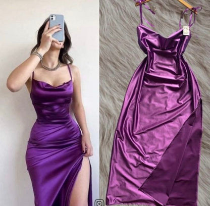 Simple Mermaid Spaghetti Straps Grape Satin Prom Dresses Inspiration Slit Prom Dress Princess Graduation Dress RB845