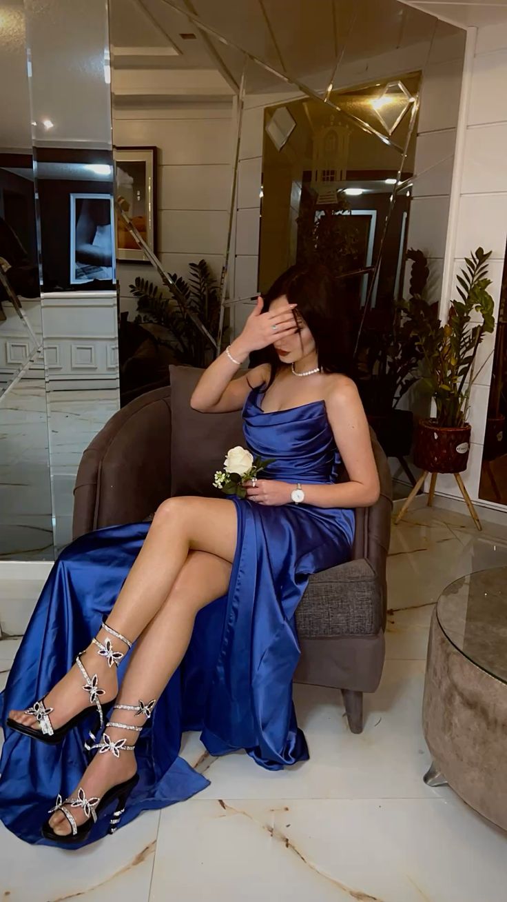 Modest Mermaid Sweetheart Royal Blue Satin Prom Dresses Inspiration Slit Prom Dress Princess Graduation Dress RB851