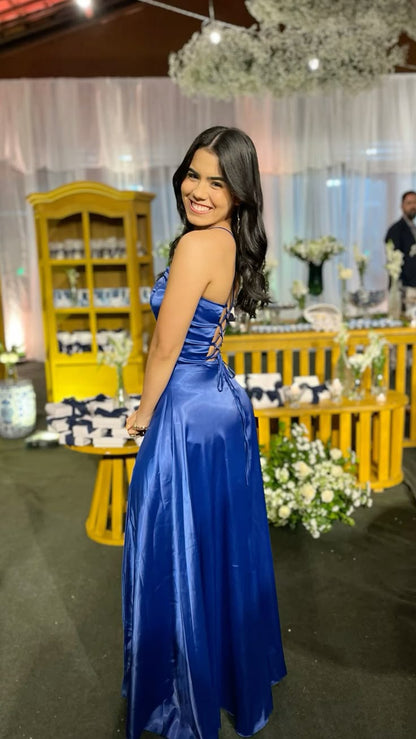 Modest A line Spaghetti Straps Royal Blue Satin Prom Dresses Inspiration Prom Dress Princess Graduation Dress RB853