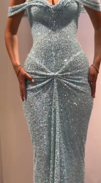 Simple Mermaid Off The Shoulder Blue Sequin Prom Dresses Party Dress 18th Birthday Outfits Graduation Dress RB858