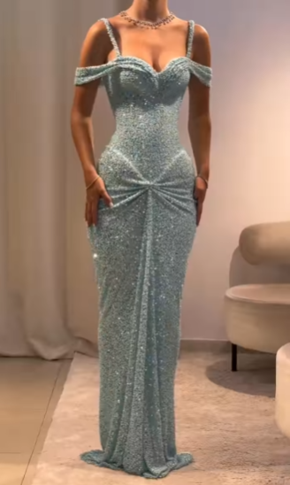 Simple Mermaid Off The Shoulder Blue Sequin Prom Dresses Party Dress 18th Birthday Outfits Graduation Dress RB858