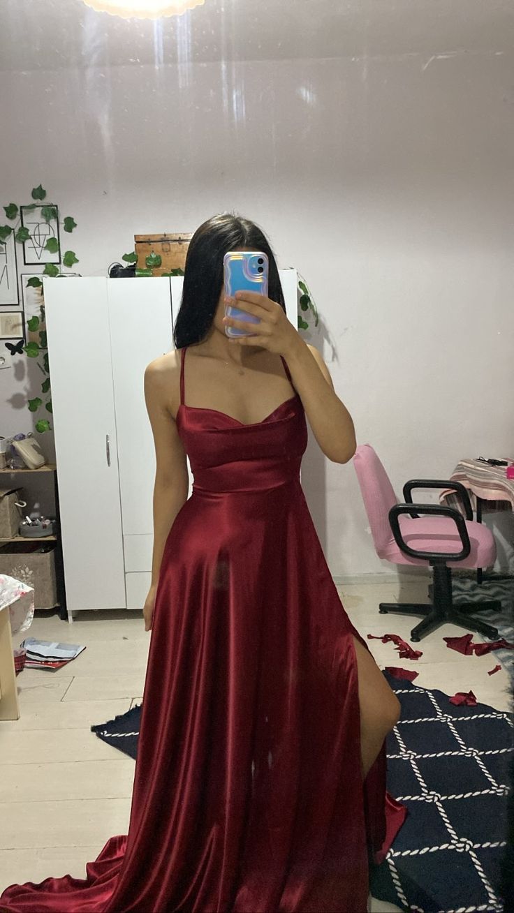 Robe de bal modeste en satin bordeaux, col licou, coupe trapèze, robe de bal princesse, robe de remise de diplôme, RB859