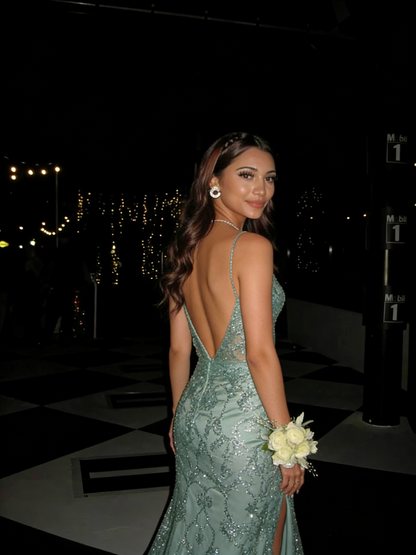 Robe de bal sirène scintillante à bretelles spaghetti et paillettes grises fendues, tenue de soirée pour 20e anniversaire, robe de remise de diplôme RB860