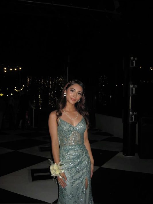 Glitzernde Meerjungfrau-Spaghettiträger mit grauen Schlitzpailletten, Ballkleider, Partykleid, Outfits zum 20. Geburtstag, Abschlusskleid RB860