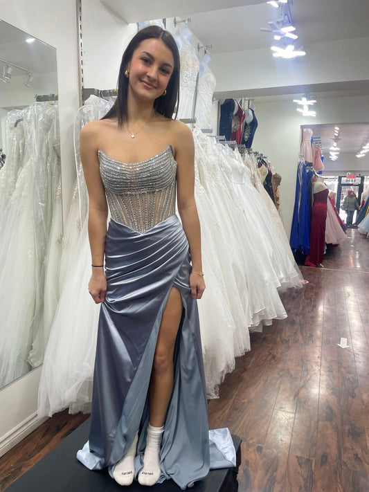 Robe de bal sirène modeste sans bretelles en satin gris, robe de bal fendue, robe de remise de diplôme princesse RB861