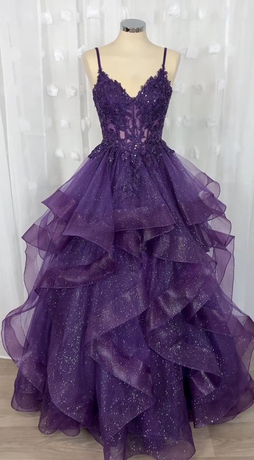 Classy Ball Gown Spaghetti Straps Dark Grape Tulle Lace Prom Dresses Party Dress 20th Birthday Outfits Graduation Dress RB868