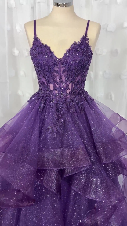 Classy Ball Gown Spaghetti Straps Dark Grape Tulle Lace Prom Dresses Party Dress 20th Birthday Outfits Graduation Dress RB868