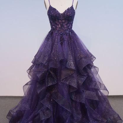 Classy Ball Gown Spaghetti Straps Dark Grape Tulle Lace Prom Dresses Party Dress 20th Birthday Outfits Graduation Dress RB868