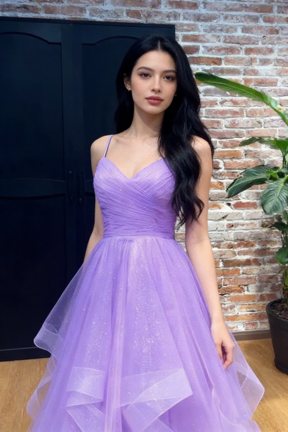 Robe de bal modeste à bretelles spaghetti en tulle lilas, tenue de soirée pour 21e anniversaire, robe de remise de diplôme, RB879