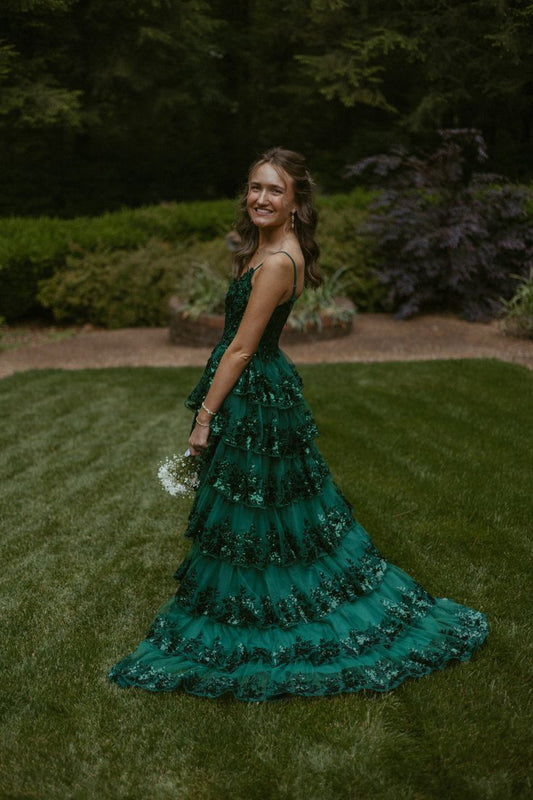 Modest Ball Gown Spaghetti Straps Dark Green Lace Tulle Prom Dresses Party Dress 22th Birthday Outfits Senior Graduation Dress RB884