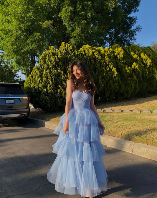 Classy Ball Gown Sweetheart Blue Tulle Prom Dresses Party Dress 20th Birthday Outfits Graduation Dress RB886