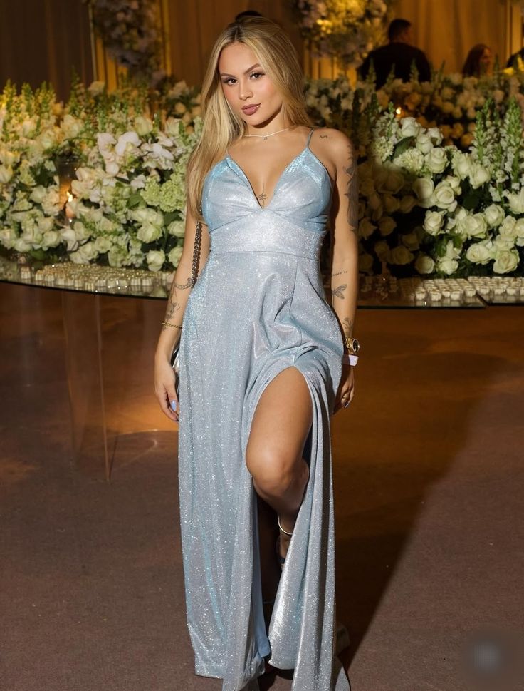 Modest A Line Spaghetti Straps Light Sky Blue Sequin Slit Prom Dresses Party Dress 22th Birthday Outfits Senior Graduation Dress RB887