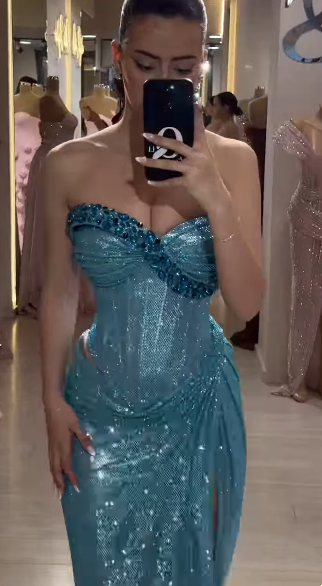 Chic Mermaid Sweetheart Blue Split Sequin Prom Dresses Party Dress 21st Birthday Outfits Graduation Dress RB1487