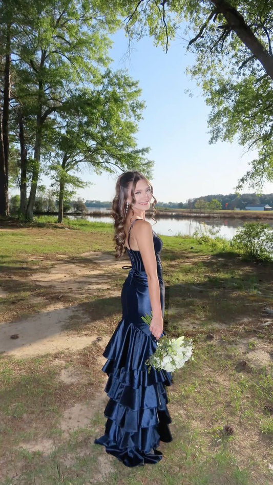 Modest Mermaid Spaghetti Straps Navy Blue Satin Prom Dresses Inspiration Prom Dress Senior Graduation Dress RB891
