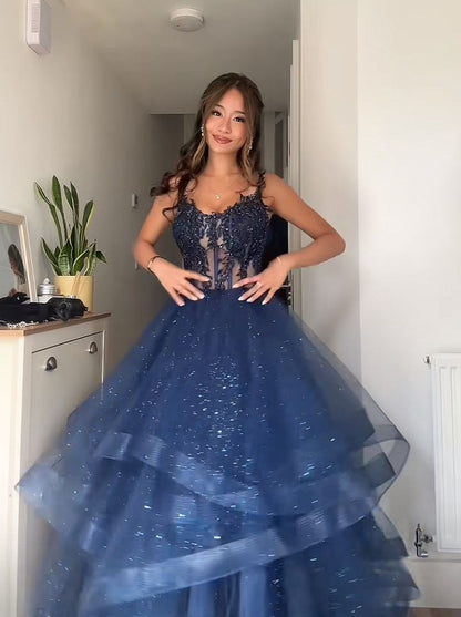 Unique Ball Gown Spaghetti Straps Navy Blue Tulle Lace Prom Dresses Party Dress 21st Birthday Outfits Graduation Dress RB896