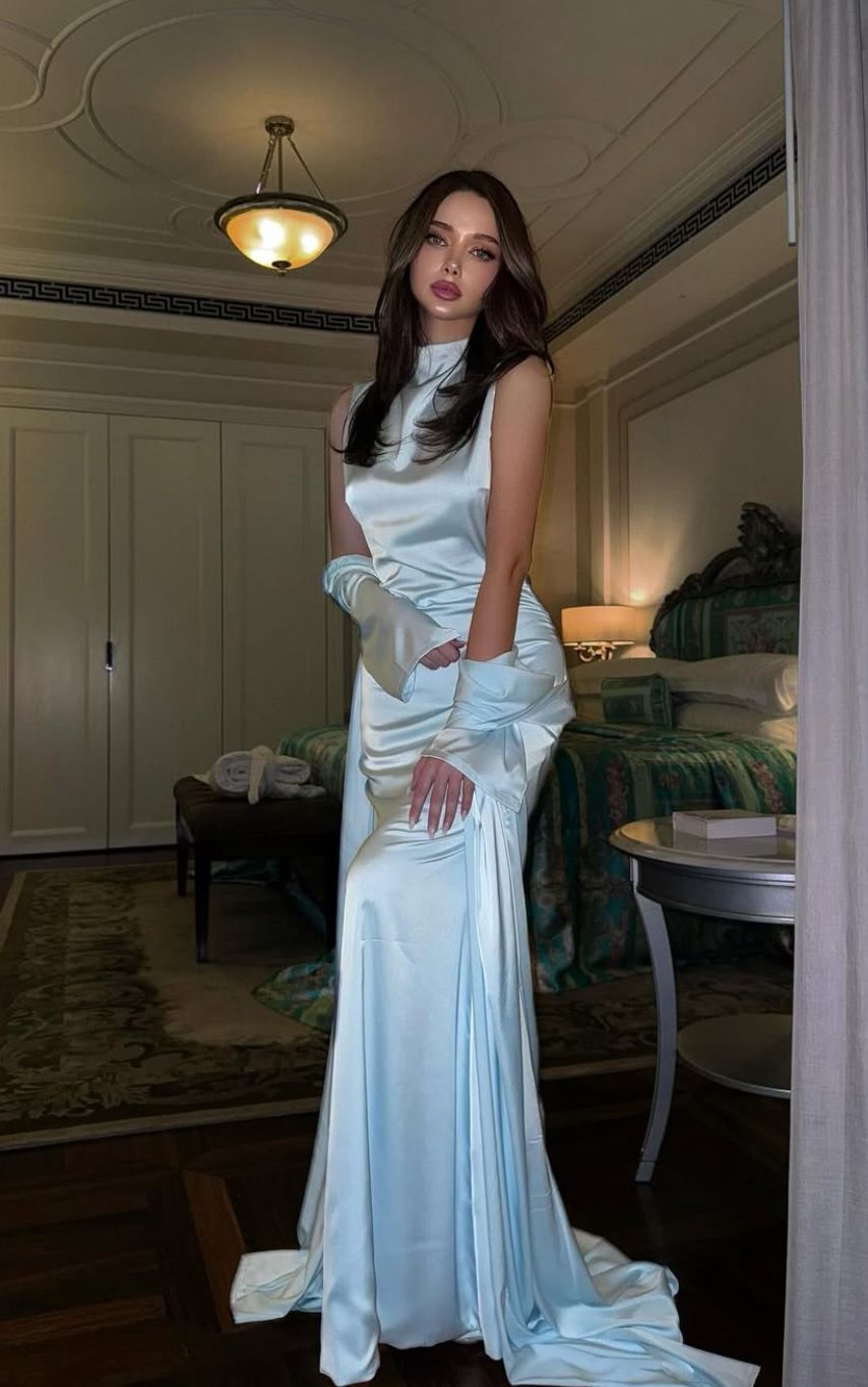 Modest Mermaid High Neck Light Sky Blue Satin Prom Dresses Party Dress 22th Birthday Outfits Senior Graduation Dress RB898