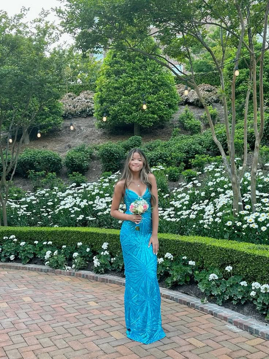 Classy Mermaid Spaghetti Straps Blue Sequins Prom Dresses Fancy Party Dress 18th Birthday Outfits Evening Long Dress RB915