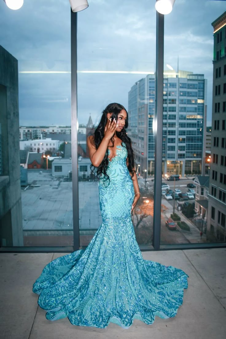 Robe de bal sirène unique à paillettes bleues et noires pour fille, tenue de soirée longue pour 21e anniversaire, robe de remise de diplôme RB921